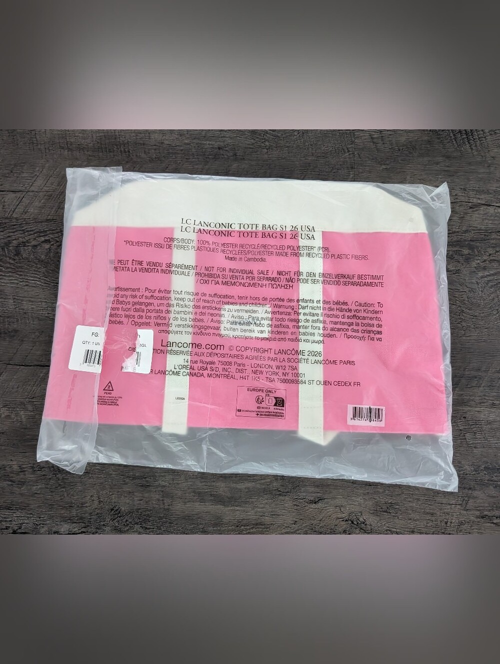 LANCOME LC Lanconic Tote Bag S1 26 Pink/White Canvas 17"x12"x5" New In Package - Picture 2 of 4